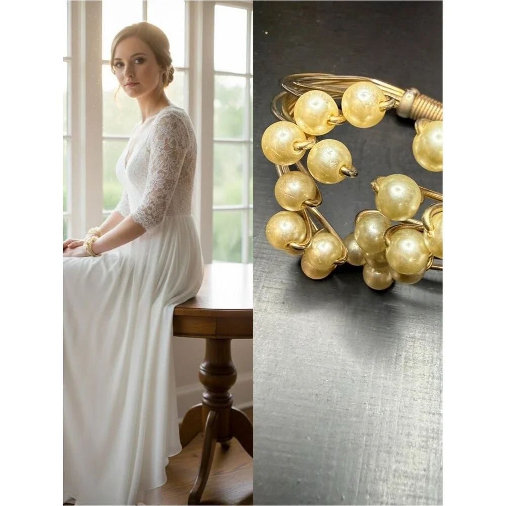 Gold Pearl Cluster Bangle Bracelet - Women Jewelry